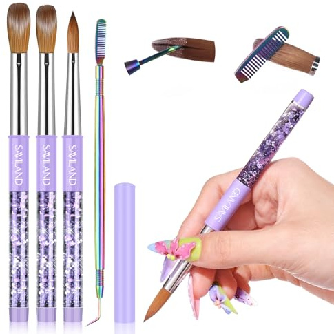 Saviland Kit de 3 Pinceaux Acrylique avec Brosse de Nettoyage : Pinceau Acrylique Professionel pour les Ongles en Acrylique, Pinceau Violet pour le Liquide Poudre Acrylique (Taille 6/10/14)