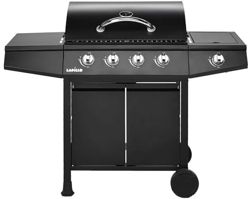 eacommerce - Barbecue a Gas 4+1 Bruciatori in Acciaio Verniciato Nero | Griglia in Ghisa Smaltata | Termometro Integrato | Mobiletto con 2 Ante, 4 Fuochi