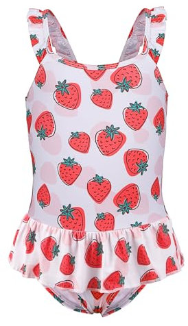 TIZAX Badeanzug für Mädchen Einteiliger Schwimmanzug Kleinkind Niedliche Rüschen Bademode Schnell trocknende Sommerferien Bikini für Kinder Erdbeere 6 Jahre 116