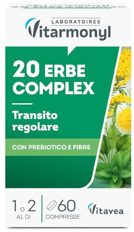 20 Erbe Complex - Transito - Regolarità Intestinale - Con Prebiotico - Ricco in Fibre - Pancia Piatta - Con 20 Erbe - 60 Compresse - Vitarmonyl