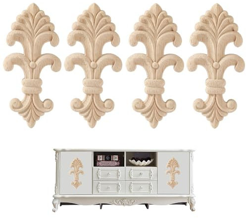 Hezhou 4 Stück Holzapplikation Wandornamente Schnitzerei Dekoration Vintage Holz Geschnitzt Ornamente Möbel Appliques (Rautenform)