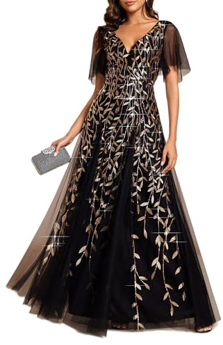 Ever-Pretty Vestidos de Fiesta Mujer Largo Tul Lentejuelas Escote V A-línea Elegantes 00736