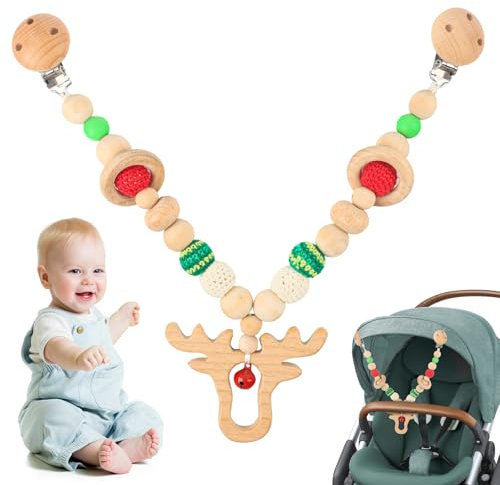 JWTRSVTY kinderwagenkette Holz, Elchhirsch Kinderwagenanhänger Kette, Weihnachten Reh Kinderwagen Spielzeug, für Mädchen Und Junge Ab 0+ Monate De Neugeborene Geschenk