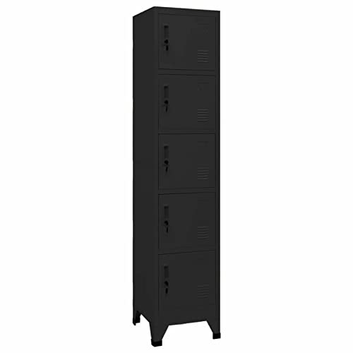 IKAYAA Taquillas Vestuario Armario para Vestuario Taquilla Metálico con 5 Compartimentos Ranuras de ventilación Recubrimiento de Polvo 38x45x180 cm Negro