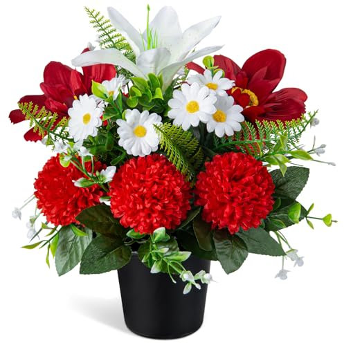 SIFOEL Fleurs de cimetière artificielles en pot, chrysanthèmes artificiels avec pot, fleurs funéraires pour cimetière, décoration de tombe (1 pièce, blanc et rouge)