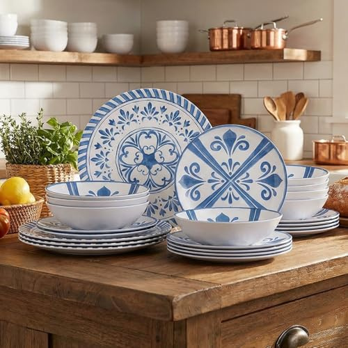 Yinshine Melamine Dinnerware Sets for 4, 12pcs Plates and Bowls Sets - Blue