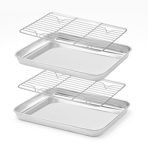 EazyBreezy Baking Sheet with Rack Set (2 Sheets + 2 Racks) Stainless Steel Cookie Pan Baking Tray with Cooling Rack Easy Clean Non-Stick Dishwasher Safe - 20.5 x 26.5 x 2.5 cm