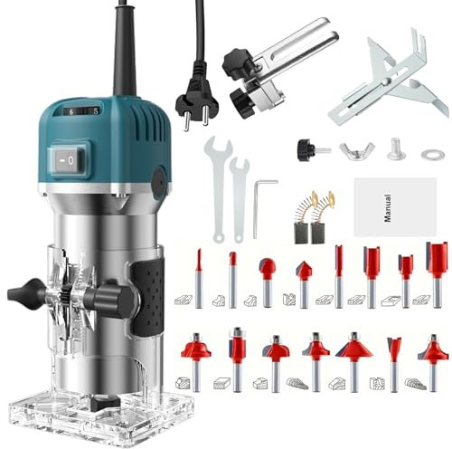 Candeon Rifilatore Fresatrice Verticale per legno, 800W 28000RPM Legno Rifilatrice Elettrica, 6.35mm Mandrino 6 Velocità Variabili Elettrica Fresatrice Palmare Con 15 pezzi 1/4 Fresatura Cuter