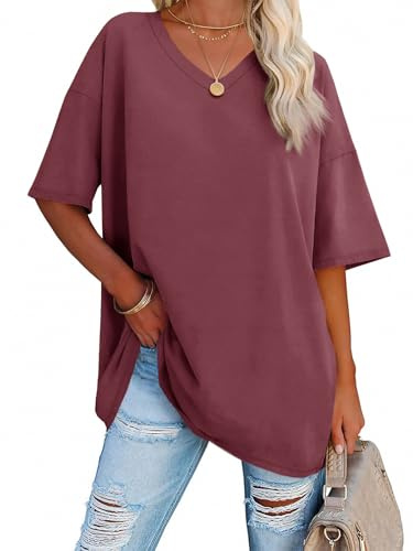 Ebifin Oversized T-Shirt för Dam med V-Ringning, Vinröd, XXL