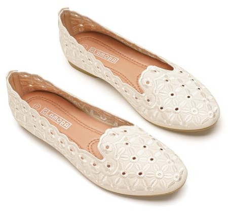 GLAMORA Chaussures plates pour femme avec motif floral ajouré, style ballerine, type béguerite, noir, blanc, beige et doré