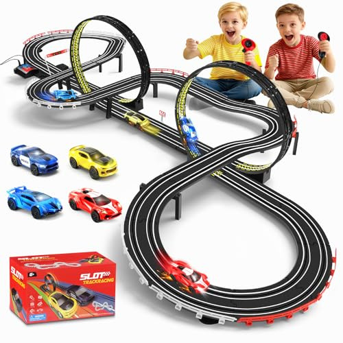 YOOHBERRYS Autorennbahn Rennbahn Kinder, 1:64 Autobahn Duale Elektrische Rennstrecke - 4 LED Autos, Rundenzähler & Zubehör, Extra Lang Rennstrecke Auto Spielzeug Geschenke Kinder 3 4 5 6-12 (737CM)