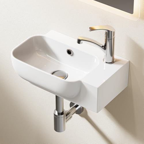HOROW Lavabo para invitados con rebosadero, pequeño lavabo de cerámica blanco, 40 cm, lavabo pequeño para invitados, orificio izquierdo para grifo