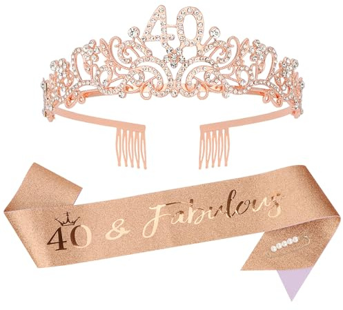 KIUEZIR 40&Fabulous Rose Gold Birthday Tiara and Sash Set - Elegant Rhinestone & Alloy 40th Crown Headband with Comb & Glitter Sash, Women's Birthday Party Hair Accessories for 40th Celebrations