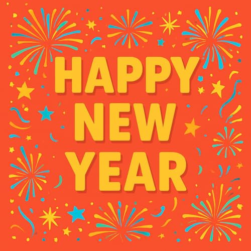 Pack of 10 Happy New Year Square Sturdy Cards. Full Colour Inside with Christmas and New Year Message. (Fireworks)