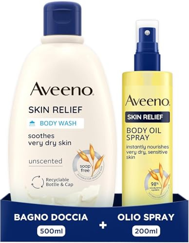 Aveeno Skin Relief Set Corpo donna con Bagnoschiuma lenitivo senza sapone e profumo con triplo complesso di Avena 500 ml e Olio corpo idratante pelle secca e sensibile 200 ml – Kit Esclusiva Amazon