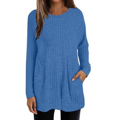 Jersey ligero para mujer, con bolsillo, manga larga, cuello redondo, dobladillo curvado, túnica larga para llevar con leggings, suéter de punto ligero, azul, XL