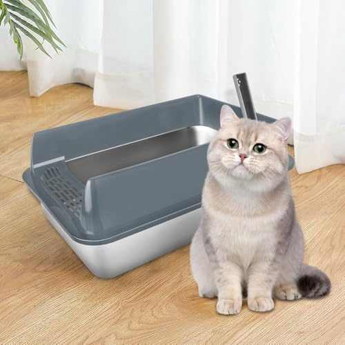 Arenero para Gato XL, Casa de Baño Alta en Acero Inoxidable, Arenero para Gato, Caja de Arena para Gato, Pala, 50 x 35 x 24 cm (Acero Inoxidable) (Gris)