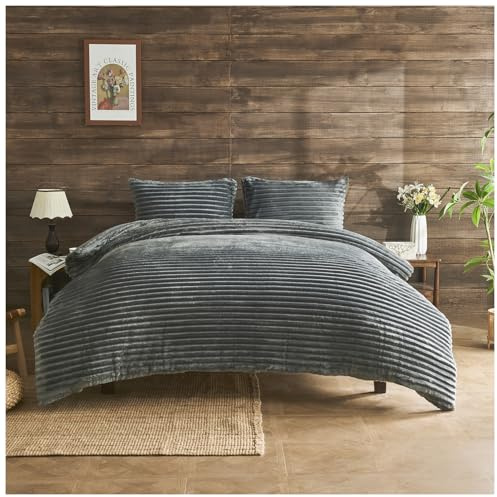 GC GAVENO CAVAILIA Ribbed Fleece Bedding Sets King Size 220x230 Cm | Super Soft Polyester King Size Duvet Cover Sets With Pillow Cases | Thermal Warm Cozy Fluffy Winter Quilt Cover Bed Set, Charcoal