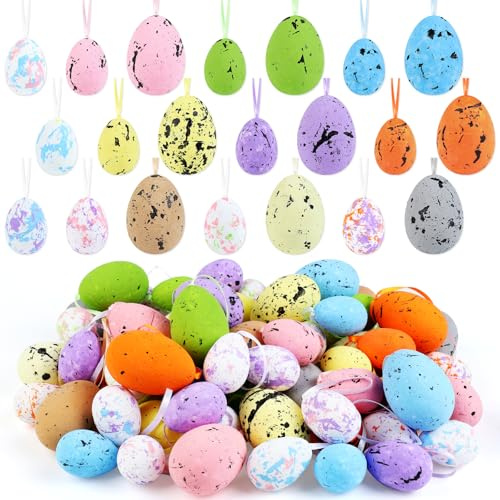 Wlicon 72 Piezas Huevos de Pascua de Espuma para Colgar Mini Huevos de Espuma de Colores Huevo Colgante Colorido de Pascua con Cuerda para Árbol Salón Hogar Fiesta Decoración