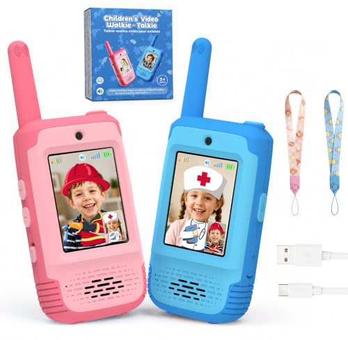 KOKODI Talkie-walkie Vidéo Rechargeable Longue Portée Bleu-Rose pour Enfants, Écran 2 Pouces, Changeur de Voix et Autocollants, Cadeau Anniversaire Noël Garçons Filles 3 à 9 Ans