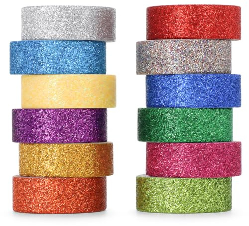 TIESOME 12 rullar glitter washi tejp, glittrande band för pyssel gör-det-själv papperstejp, färgglada för gör-det-själv hantverk, planerare, scrapbooking förpackning 2 m x 15 mm (flerfärgad 2)