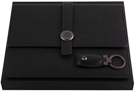 Hugo Boss Executive Set, Konferenzmappe, Format DIN A5, Material Leder Schwarz mit Schließsystem - und Schlüsselring aus Edelstahl und Leder, HPKM004
