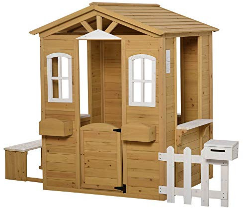 Outsunny Wooden Playhouse for Kids Outdoor Wendy House with Door, Windows, Mailbox, Flower Pot Holder, Serving Station, Bench for Children, Toddlers, Yellow