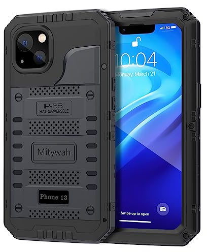 Mitywah Waterproof Case for iPhone 13, Heavy Duty Military Grade Drop Protection Phone Case with Built-in Screen Protector, 360° Full Body Protection Metal Armor Dropproof Case 6.1 inch, Black
