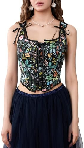 Geagodelia Corset Dentelle Femme Imprimé Floral Bustier Top Rétro Classique（Noir Fleur, M