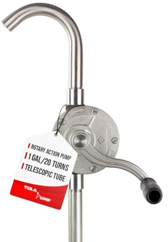 TERA PUMP Stainless Steel Rotary Hand Pump for 15 to 55 Gallon, Suitable for Gas, Diesel, Antifreeze, Acids, Chemicals, DEF, E85, Non-Corrosive Liquids; Features Adjustable Suction Tube