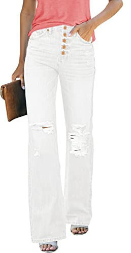 Roskiky Jean pour femme taille haute avec fentes, jean pour femme avec trous, jean stretch baggy, Blanc., M