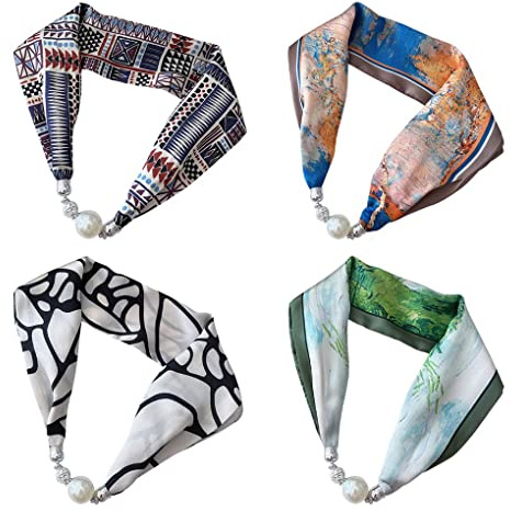 ACMEDE 4 Pack Women's Scarves Multi-purpose Pendant Scarf Small Narrow Neckerchiefs Women Stylish Scarf Magnetic Buckle Neckerchief Jewelry Neck Scarf Hairband with Jewelry Accessory