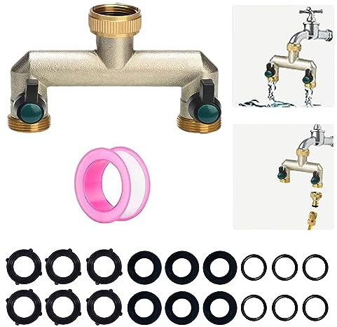 ATBEAMEN 3/4 2 Way Brass Garden Outside Tap Splitter - 2 Way Hose Manifold with On/Off Valves,Outdoor Faucet Splitter Adapter,Utility Hose Connector,with Waterstop and Rubber Washers