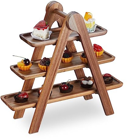 Relaxdays Alzata Legno di Acacia, 3 Piatti per Dolci, Snack e Formaggi, Porta Frutta e Centrotavola a Scala, Marrone, 38 x 41 x 15 cm