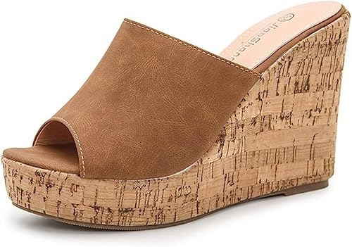 CRETUAO Kvinnor med kilkorkplattformssandal,komfort halkfri strandfestklänning Högklackade sandaler,Sexiga Peep Toe Retro Mules Slides,Brown,38 EU