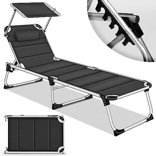 tillvex® Sonnenliege mit Dach und Kopfkissen | Gartenliege Liegestuhl klappbar | Strandliege mit Verstellbarer Rückenlehne | Aluminium Liege (Liege (mit Polster Premium), Schwarz)