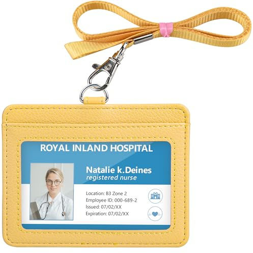 Teskyer Card Holder with Lanyard, ID Badge Holder, Oyster Card Holder, Bus Pass Holder, with Clear Window, Holding 2 Cards, PU Leather, Horizontal, Yellow