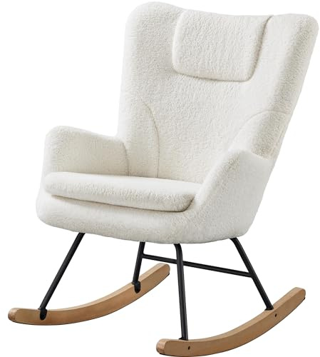 Abician Fauteuil à Bascule en Tissu Bouclé Chaise a Bascule pour Salon Balcon Chambre 95.5x82.5x70 cm Blanc