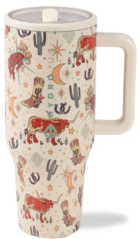 Traveler Wasserflasche mit Griff und Klapp-Trinkhalm, 1,2 l, passt in Becherhalter, auslaufsicherer Becher, wiederverwendbar, isolierter Edelstahl und Gummiboden, Geschenke für Damen und Herren