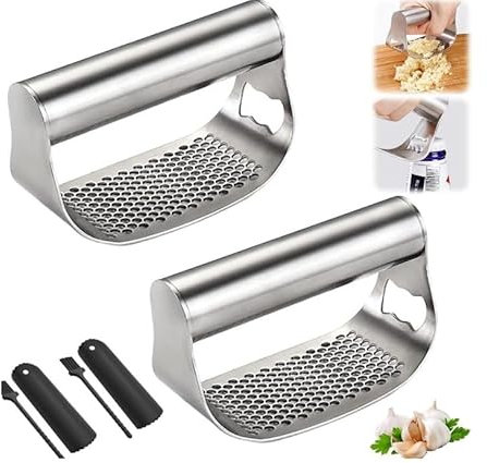 Knoblauchpresse Edelstahl 2 Stück Knoblauchpresse Wippe Robuster Edelstahl Garlic Press Knoblauchzerkleinerer mit Schäler und Reinigungsbürste zum Zerkleinern von Knoblauch