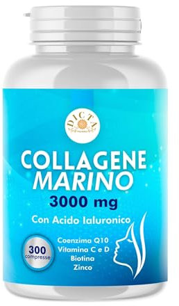 Collagene Marino con Acido Ialuronico Forte 300Cpr 3000mg - Con Vitamina C, D, Zinco, Coenzima Q10 e Biotina - Integratore Pelle, Articolazioni e Ossa