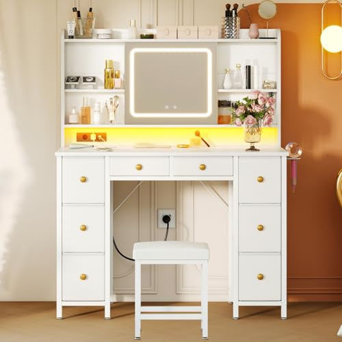 ODK Schminktisch mit Bewegbarem LED-Spiegel, Eingebauten USB-Steckdosen & RGB-Lichtleiste, 8 Schubladen, Weißer Schminktisch 110×40×137cm (Mit Hocker)