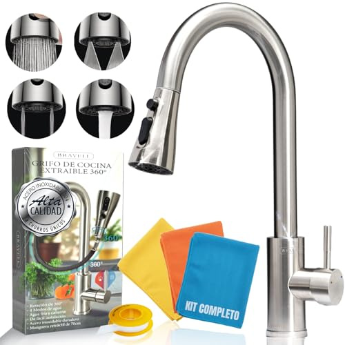 BRAVELL® Grifo Cocina Extraible PREMIUM + Cinta De Teflon Con 3 Trapos Microfibra + Manual De Montaje FÁCIL | Grifo Extensible Cocina | Grifos Cocina Fregadero | Torneira Cozinha | Grifo de Fregadero