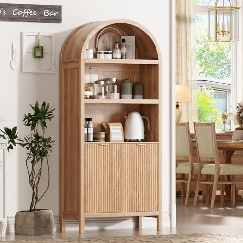 Ieejdn 71 Tall Arched Kitchen Pantry,Modern Fluted Wood Storage Cabinet with Doors,Adjustable Shelves,Organizer, Versatile Cupboard for Kitchen,Living Room,Dining Room,Bathroom,Wood
