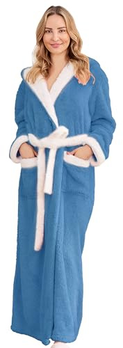 PJGGZ Long Robes For Women Floor Length, Fluffy Fleece Warm Cozy Hooded Bathrobe Plush Luxury Plus Size Winter Housecoat (Blue/White,S/M)