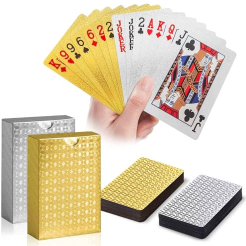 Wugauwor 2 Mazzi di Carte da Gioco Impermeabili, Oro e Argento, Carte da Poker in Plastica, Texture Diamantata, Design Lussuoso per Blackjack, Giochi di Carte all'Aperto, Piscina, Spiaggia, Viaggi
