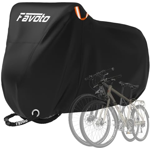 Favoto Bike Cover for 2 Bikes - 210T Waterproof Outdoor Bicycle Storage, Black Cover with Lock Hole, 2 Windproof Buckles & Storage Bag, UV Protection for Mountain & Road Bikes (210×110×95cm)