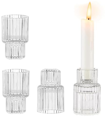 HASLED 4 Pièces Bougeoir en Verre Transparent - Bougeoirs Photophore Bougie Photophore à Rayures Verticales, Bougeoir Transparent pour Maison et Fêtes