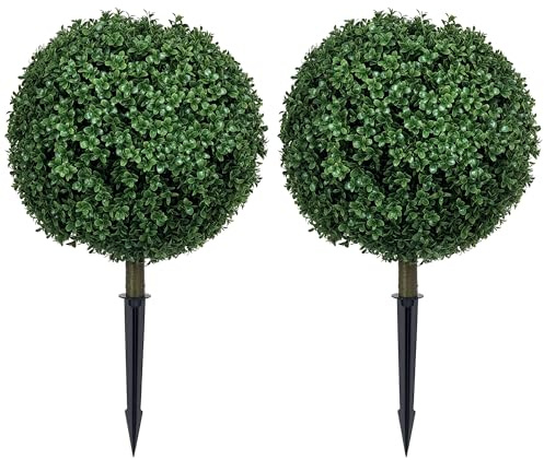 HOMCOM Set of 2 70cm Artificial Boxwood Topiary Ball Bush with Integrated Ground Stake, Indoor Outdoor UV Resistant Faux Greenery, Faux Plants for Garden, Porch, Balcony