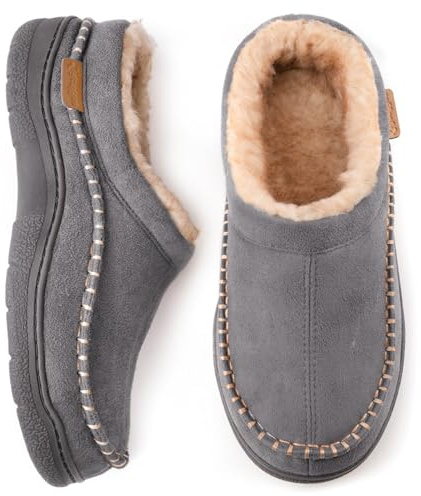 Zigzagger Men's Slip On Moccasin Slippers, Indoor/Outdoor Warm Fuzzy Comfy House Shoes, Fluffy Wide Loafer Slippers,Grey, 11-12 D(M) US
